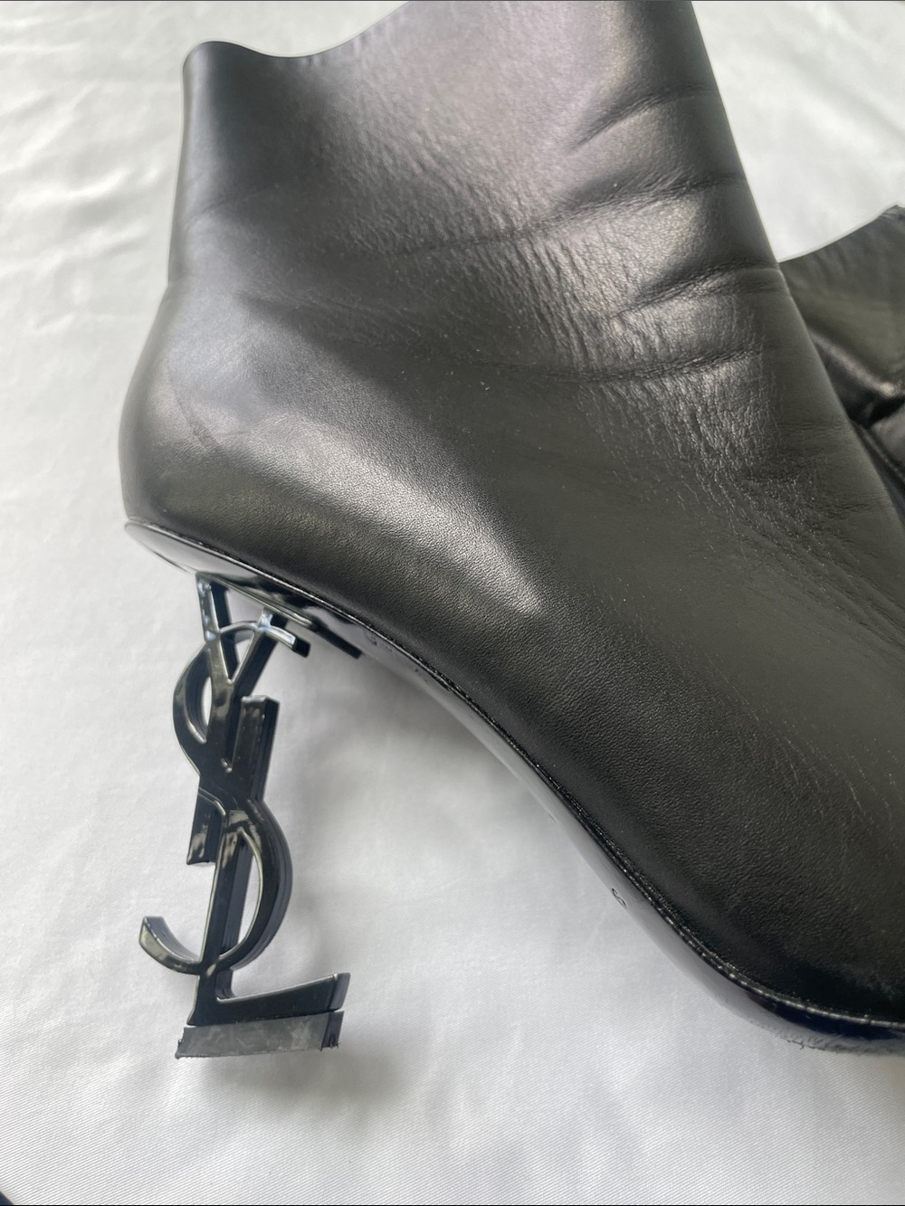 Saint Laurent Black Leather Ankle Booties with Monogram Sculptural Heels
